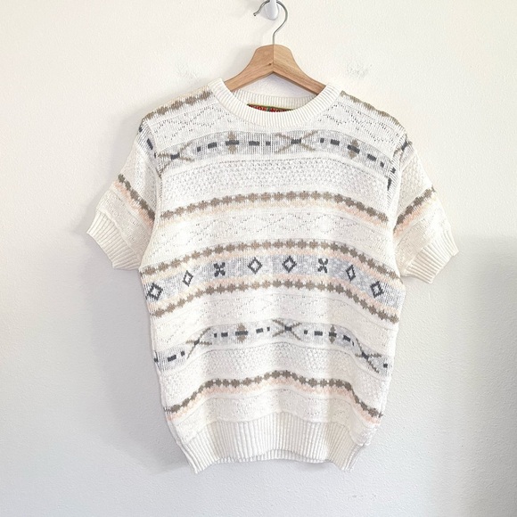Vintage Tidewater Short Sleeve Fair Isle Cotton Knit Sweater Top Ivory Medium - Picture 11 of 12
